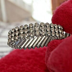 Vintage Empire Made Rhinestone Expansion Bracelet – Silvertone Stretch,